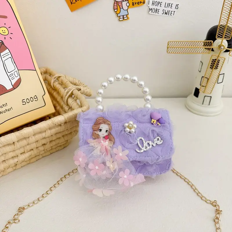 Princess Bow Handbag for Girls Purple Pearl Chain - Image 2