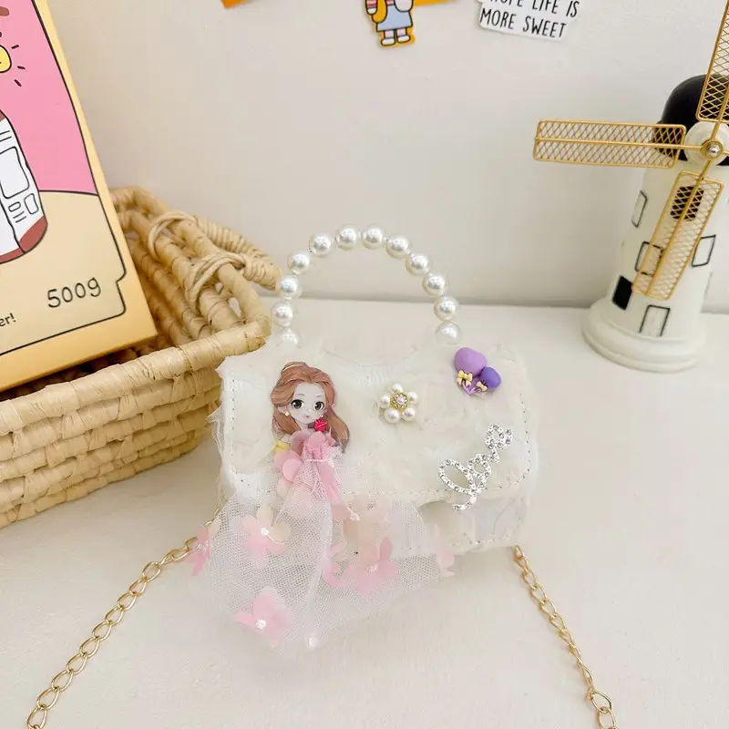 Princess Bow Handbag for Girls Purple Pearl Chain - Image 3