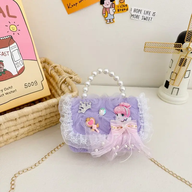 Princess Bow Handbag for Girls Purple Pearl Chain - Image 4
