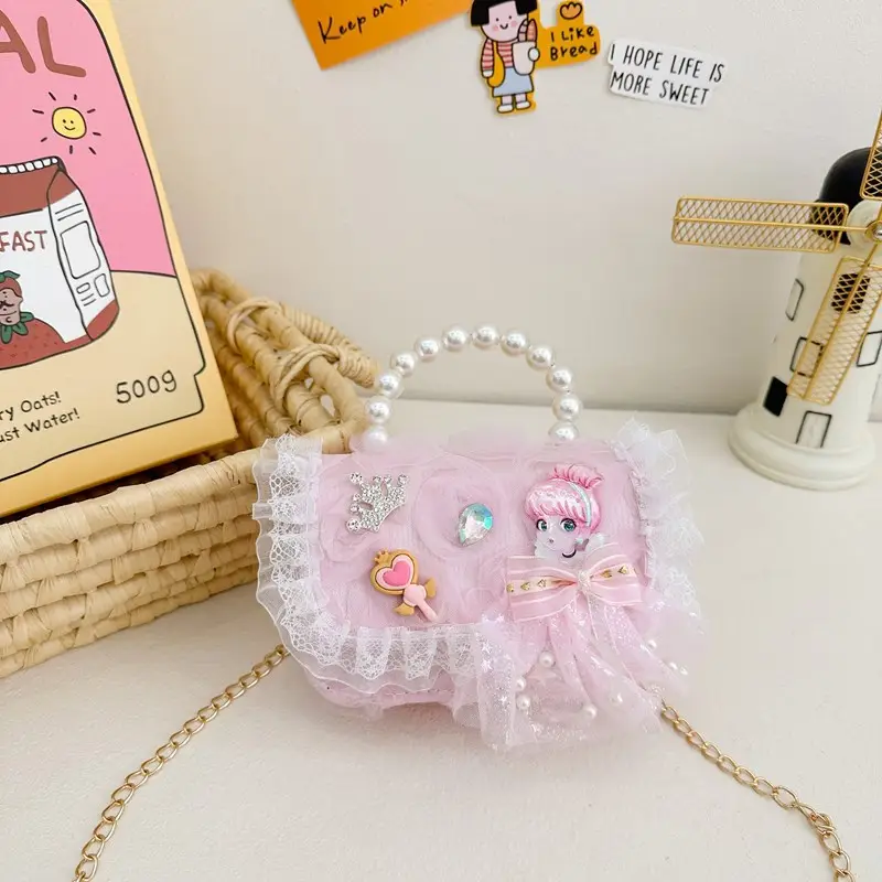 Princess Bow Handbag for Girls Purple Pearl Chain - Image 5