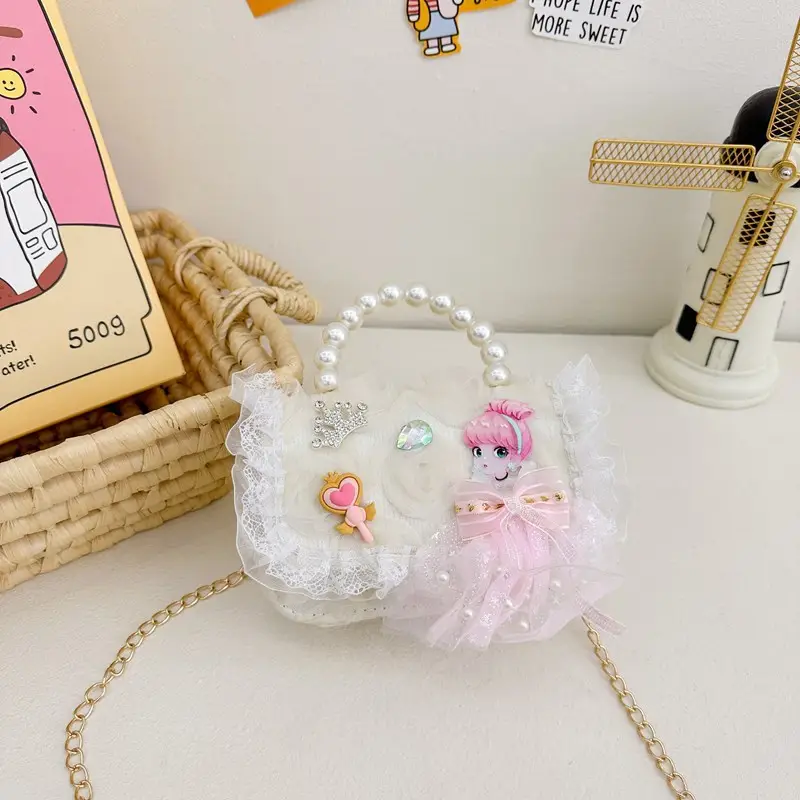 Princess Bow Handbag for Girls Purple Pearl Chain - Image 6