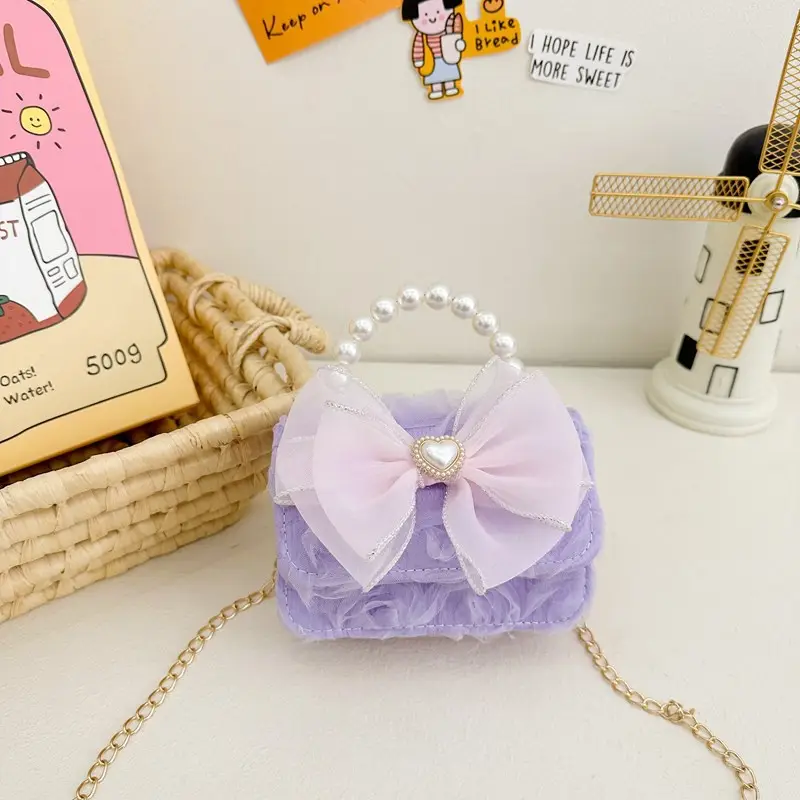 Princess Bow Handbag for Girls Purple Pearl Chain - Image 7
