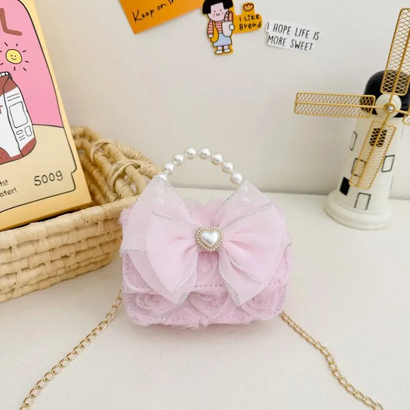 Princess Bow Handbag for Girls Purple Pearl Chain - Image 8