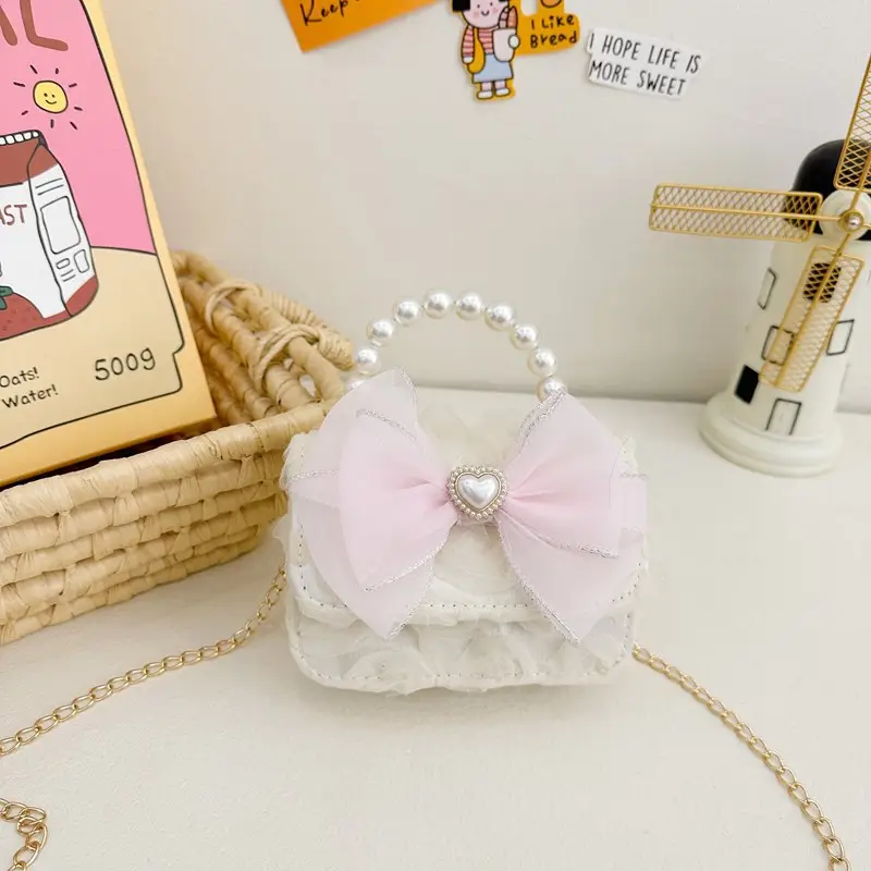 Princess Bow Handbag for Girls Purple Pearl Chain - Image 9