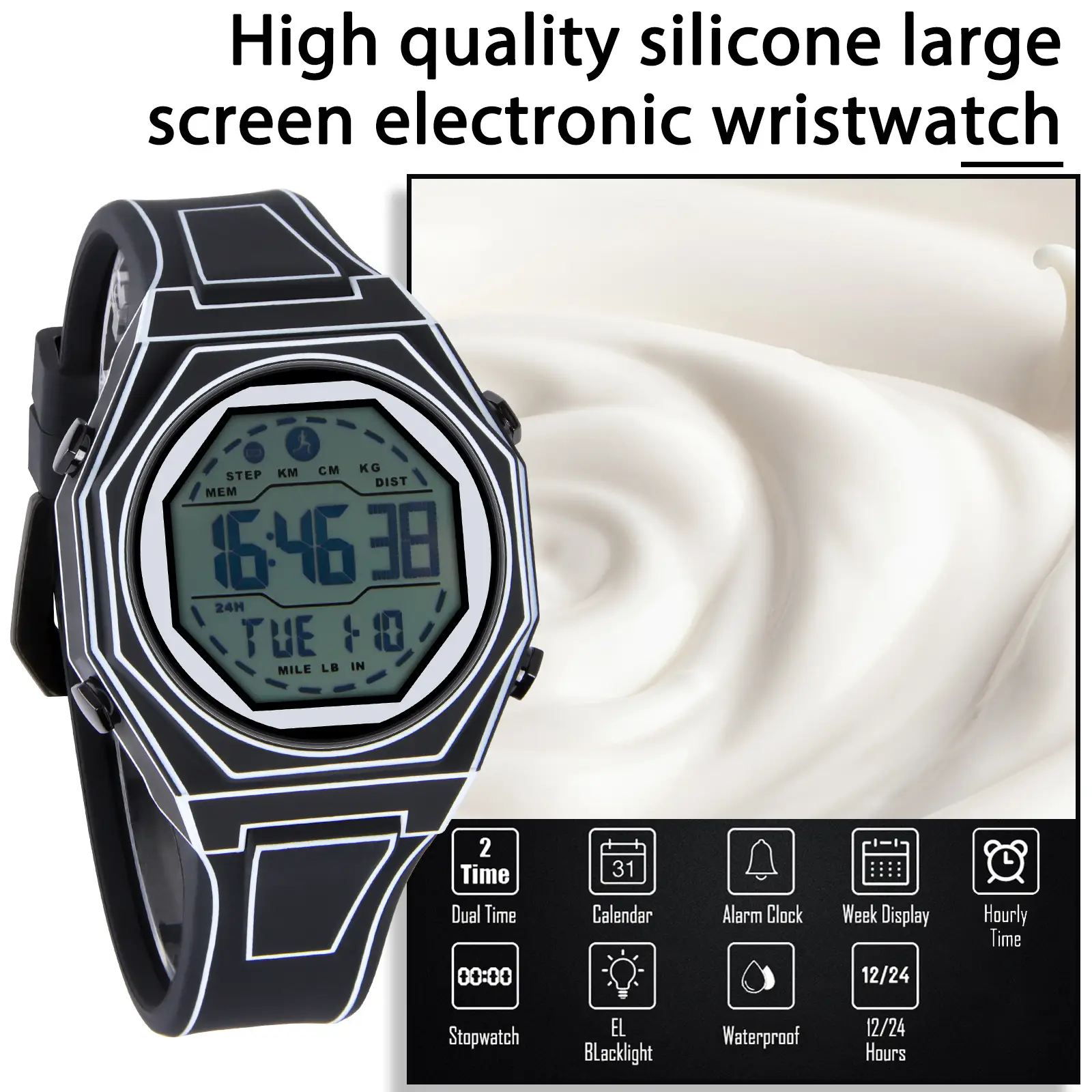 Digital Watch Black Octagonal Waterproof Sports Wear — feature 4