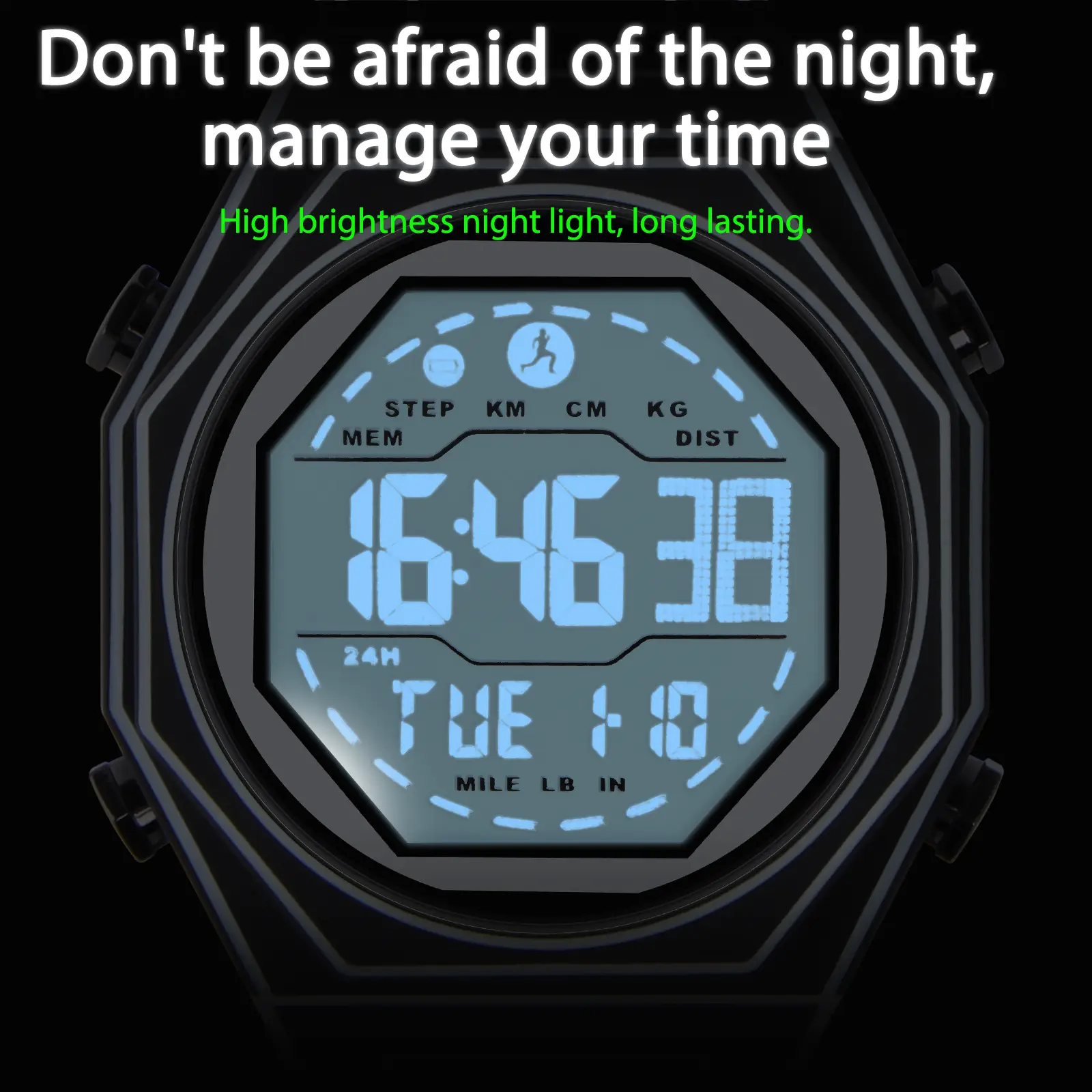 Digital Watch Black Octagonal Waterproof Sports Wear — feature 8
