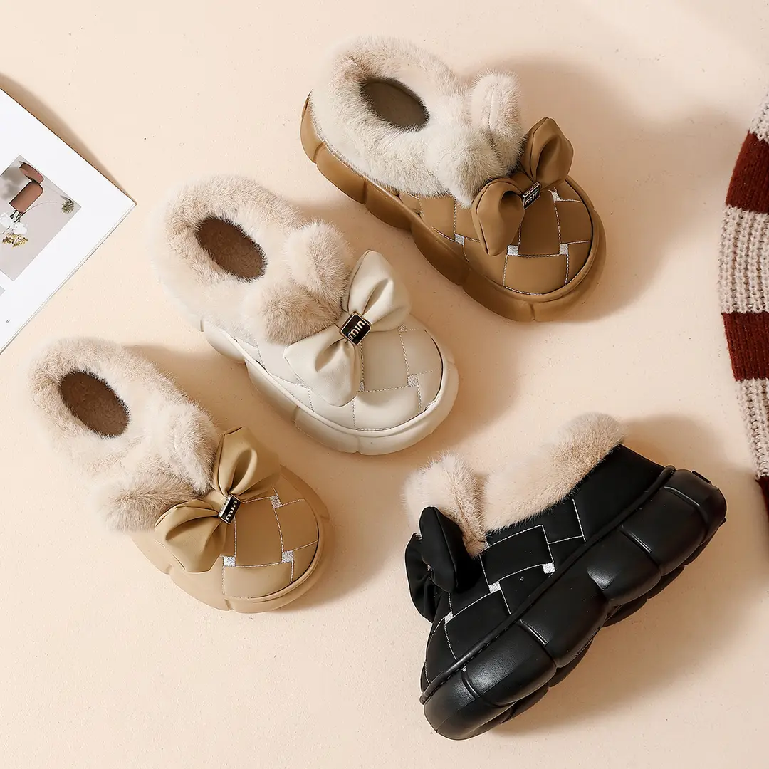 Thickened plush winter warm cute rabbit ears bow home wear cotton slippers waterproof PU EVA thick bottom - Image 7