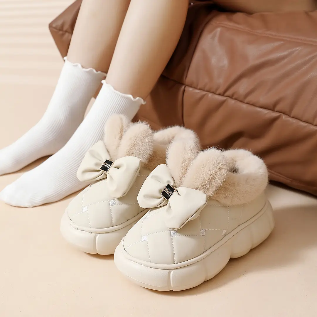 Thickened plush winter warm cute rabbit ears bow home wear cotton slippers waterproof PU EVA thick bottom - Image 8