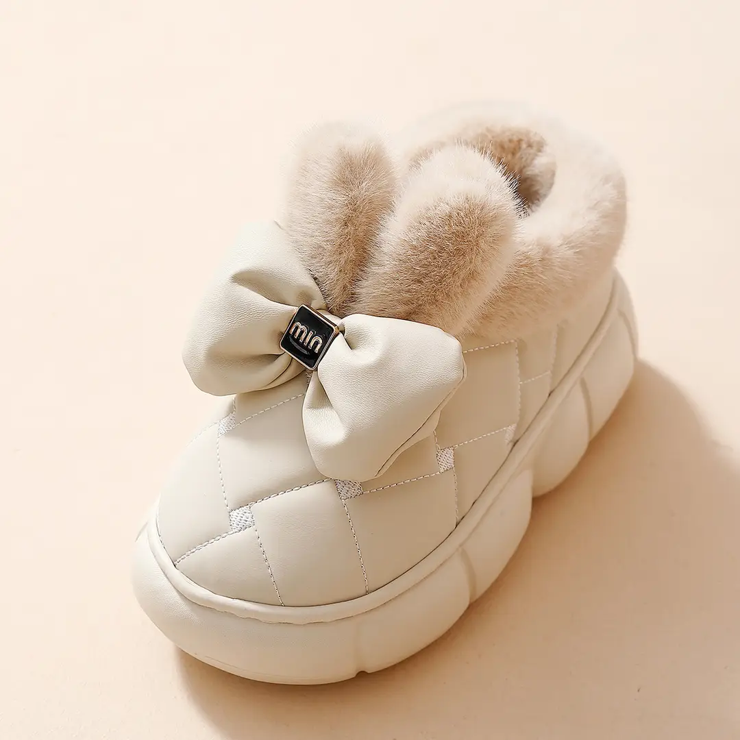 Thickened plush winter warm cute rabbit ears bow home wear cotton slippers waterproof PU EVA thick bottom - Image 9