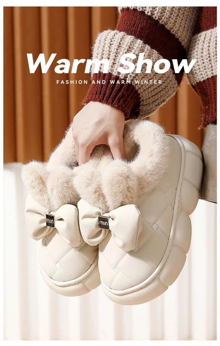 Thickened plush winter warm cute rabbit ears bow home wear cotton slippers waterproof PU EVA thick bottom — feature 6