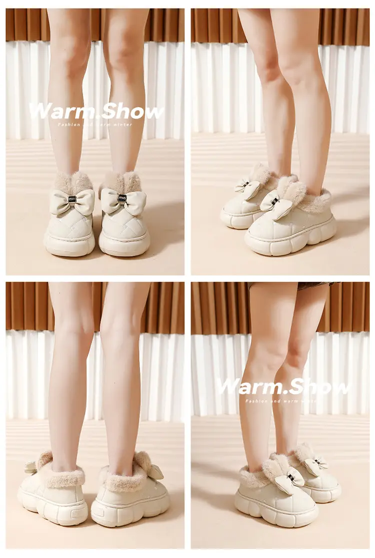 Thickened plush winter warm cute rabbit ears bow home wear cotton slippers waterproof PU EVA thick bottom — feature 8
