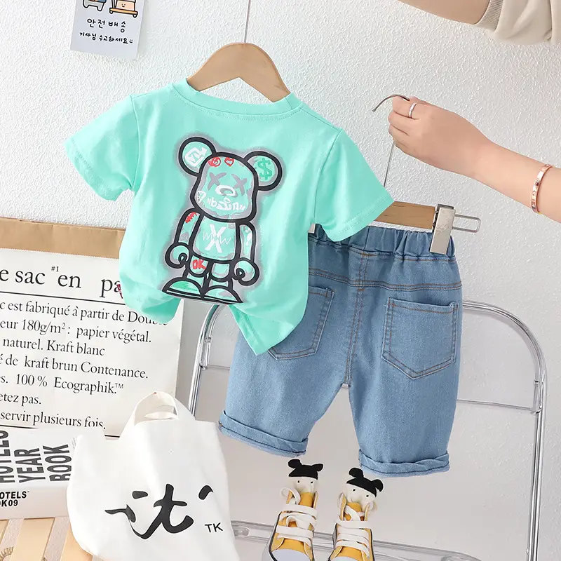 Kids Cotton T-Shirt Shorts Set Black Blue Cartoon Print - Image 4