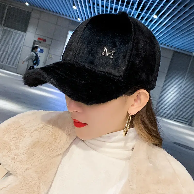 Black Plush Baseball Cap for Girls Winter Warm - Image 6