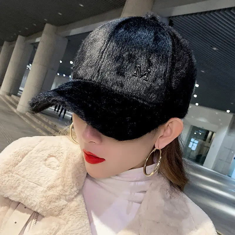 Black Plush Baseball Cap for Girls Winter Warm - Image 8