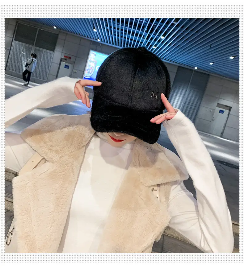 Black Plush Baseball Cap for Girls Winter Warm — feature 11