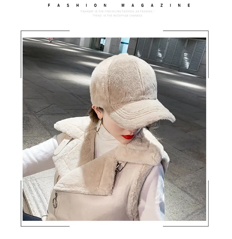 Black Plush Baseball Cap for Girls Winter Warm — feature 2