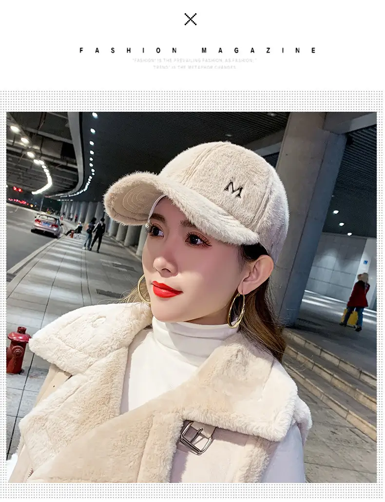 Black Plush Baseball Cap for Girls Winter Warm — feature 4