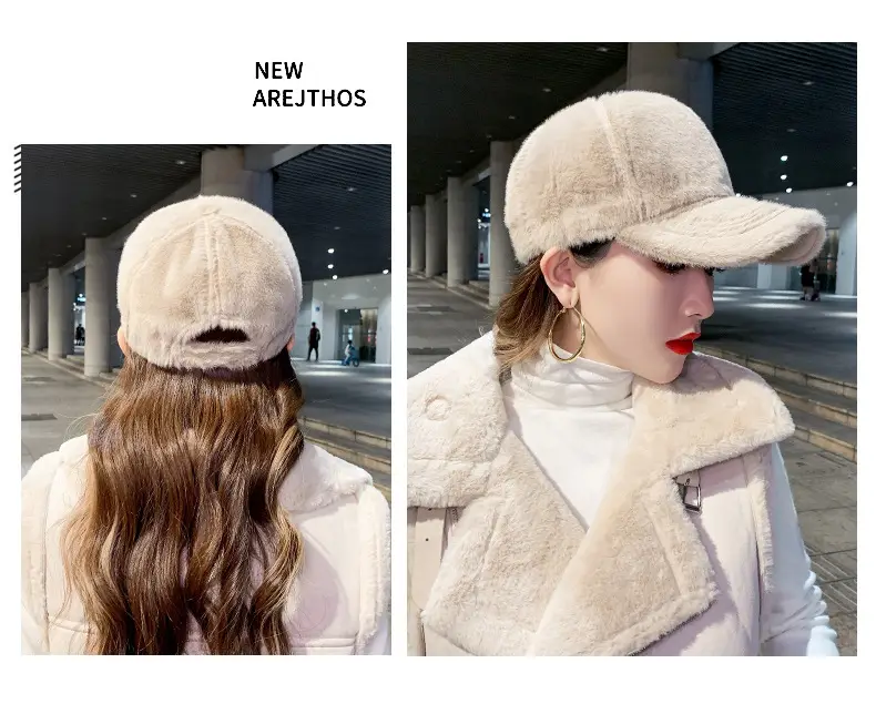 Black Plush Baseball Cap for Girls Winter Warm — feature 5