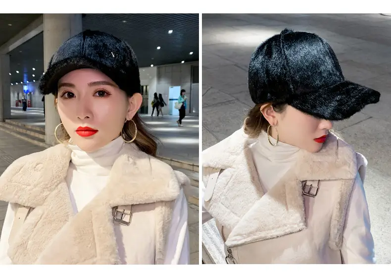 Black Plush Baseball Cap for Girls Winter Warm — feature 9