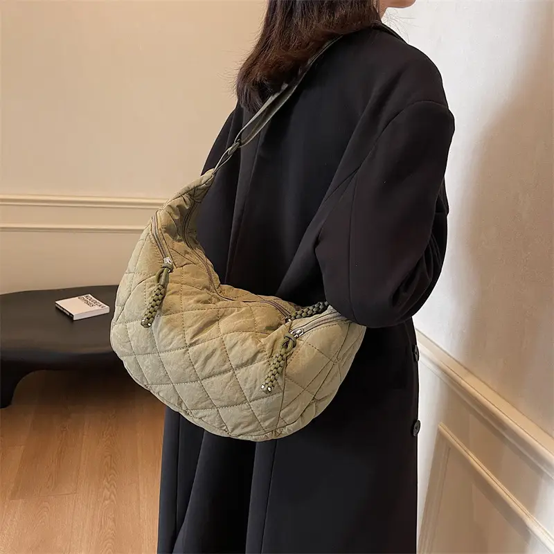 Vintage Quilted Shoulder Bag Olive Green Large Capacity - Image 7