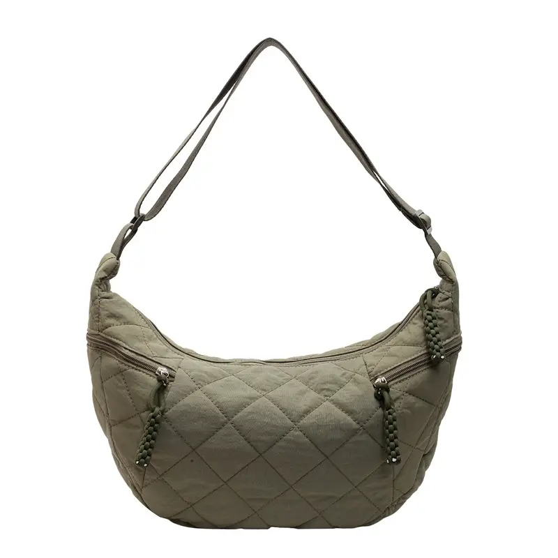 Vintage Quilted Shoulder Bag Olive Green Large Capacity - Image 4