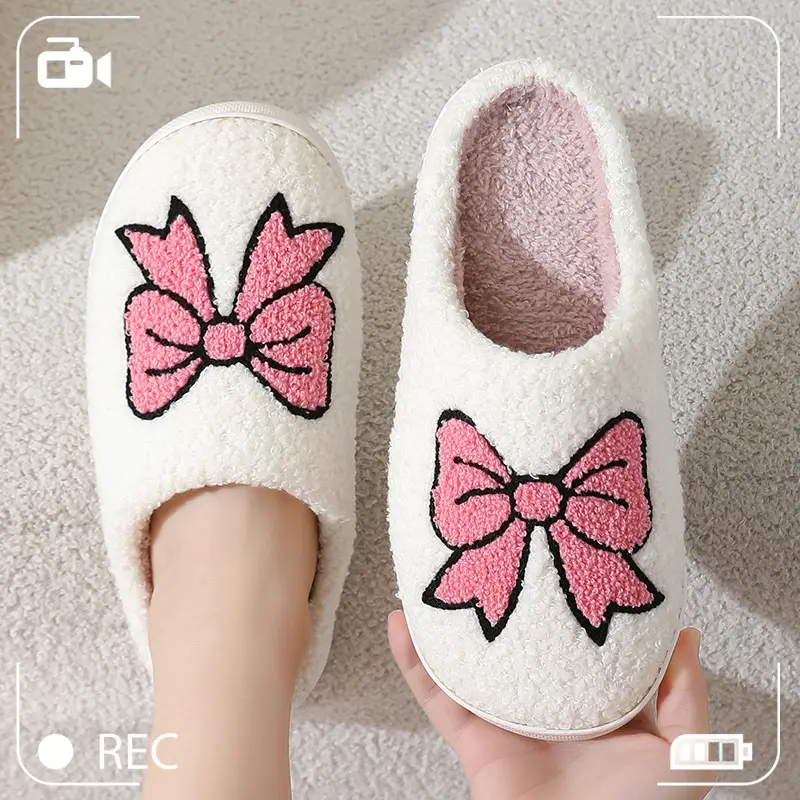 New Home Cute Cartoon Big Bow Winter Cotton Slippers for Men and Women Couple Warm Indoor Cotton Slippers