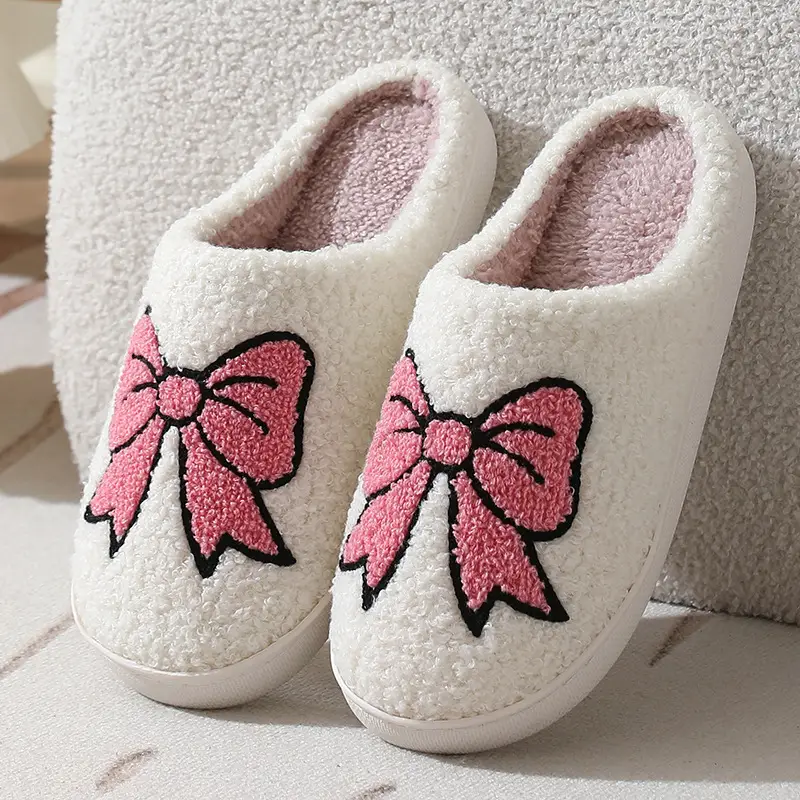 New Home Cute Cartoon Big Bow Winter Cotton Slippers for Men and Women Couple Warm Indoor Cotton Slippers