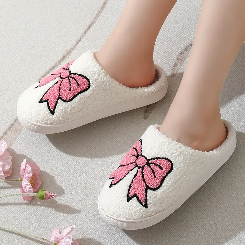 New Home Cute Cartoon Big Bow Winter Cotton Slippers for Men and Women Couple Warm Indoor Cotton Slippers