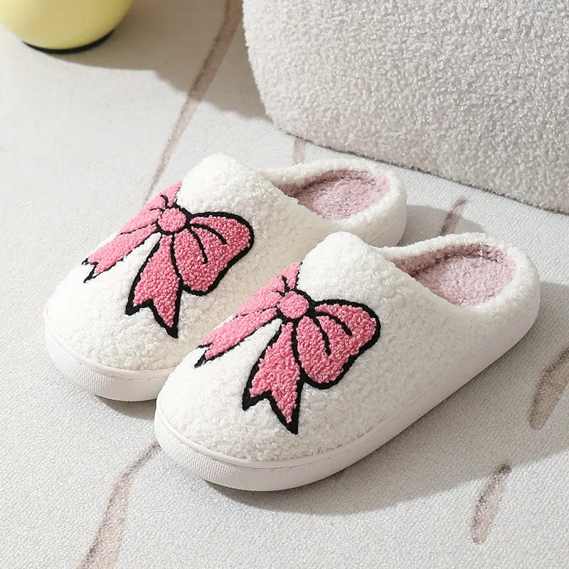 New Home Cute Cartoon Big Bow Winter Cotton Slippers for Men and Women Couple Warm Indoor Cotton Slippers
