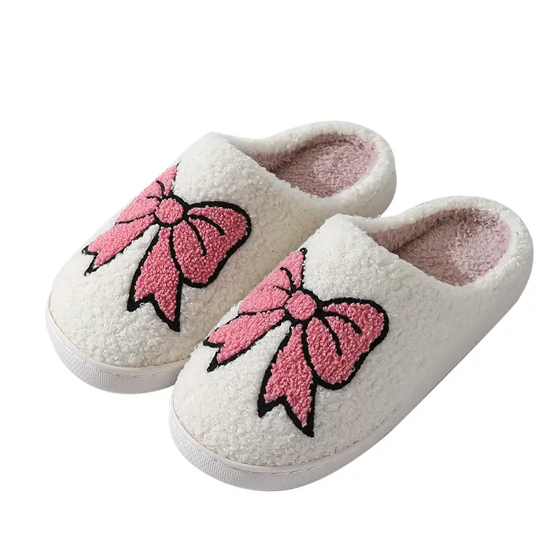 New Home Cute Cartoon Big Bow Winter Cotton Slippers for Men and Women Couple Warm Indoor Cotton Slippers