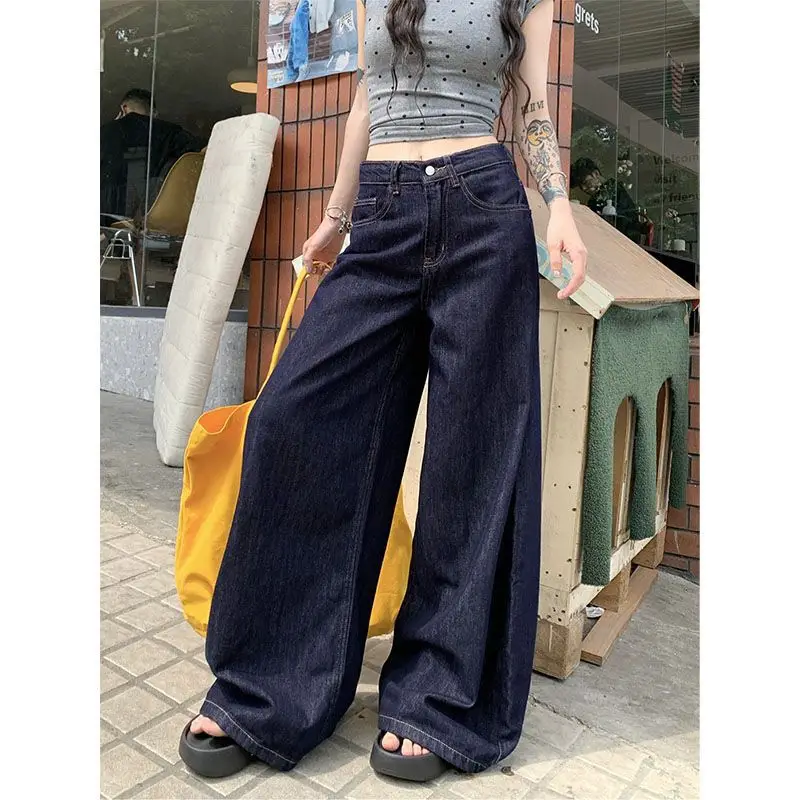 Dark Blue Wide Leg Jeans High Waist Skinny Fit