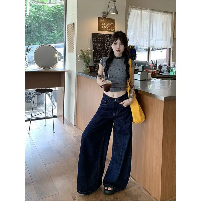 Dark Blue Wide Leg Jeans High Waist Skinny Fit