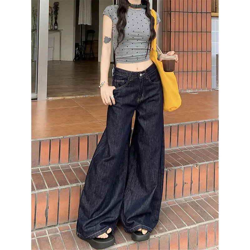 Dark Blue Wide Leg Jeans High Waist Skinny Fit