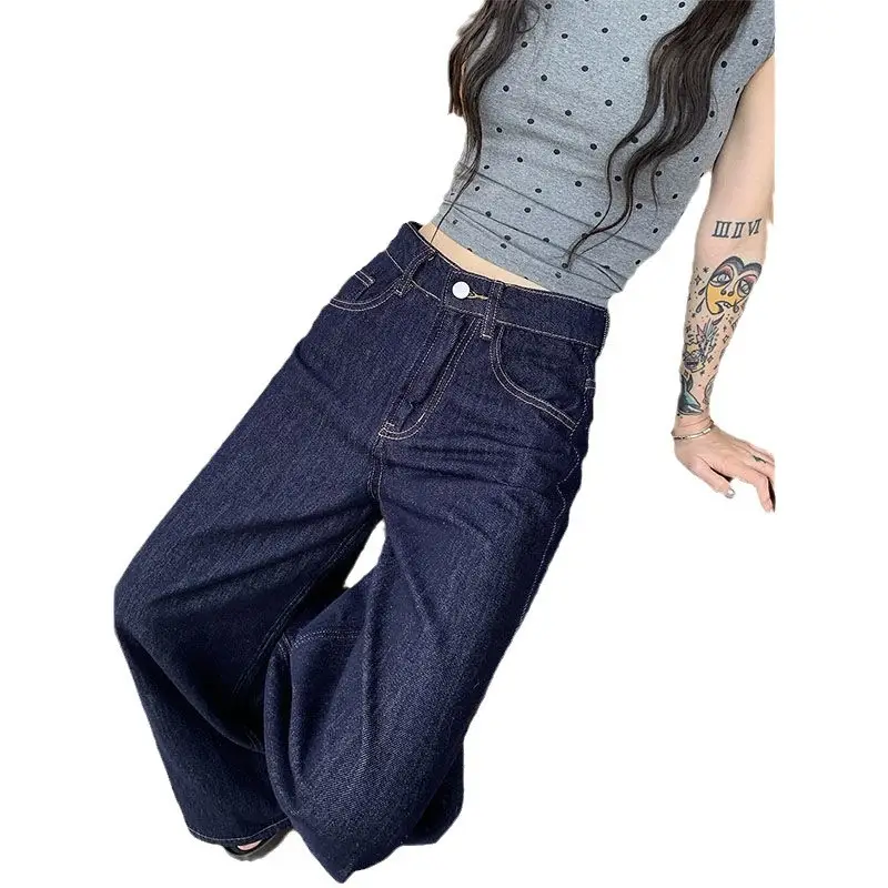 Dark Blue Wide Leg Jeans High Waist Skinny Fit