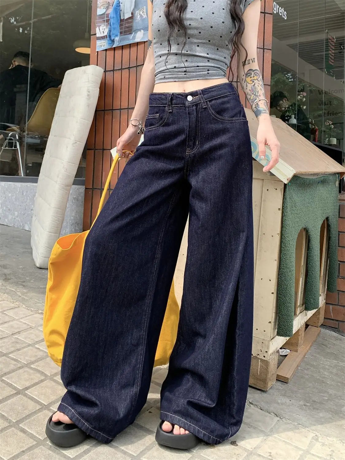 Dark Blue Wide Leg Jeans High Waist Skinny Fit — feature 3