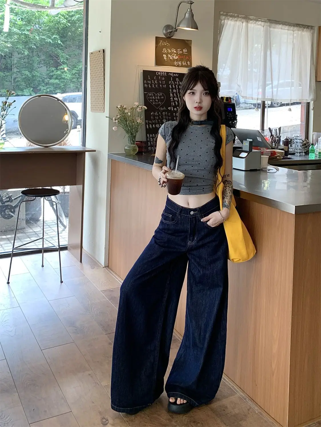 Dark Blue Wide Leg Jeans High Waist Skinny Fit — feature 5