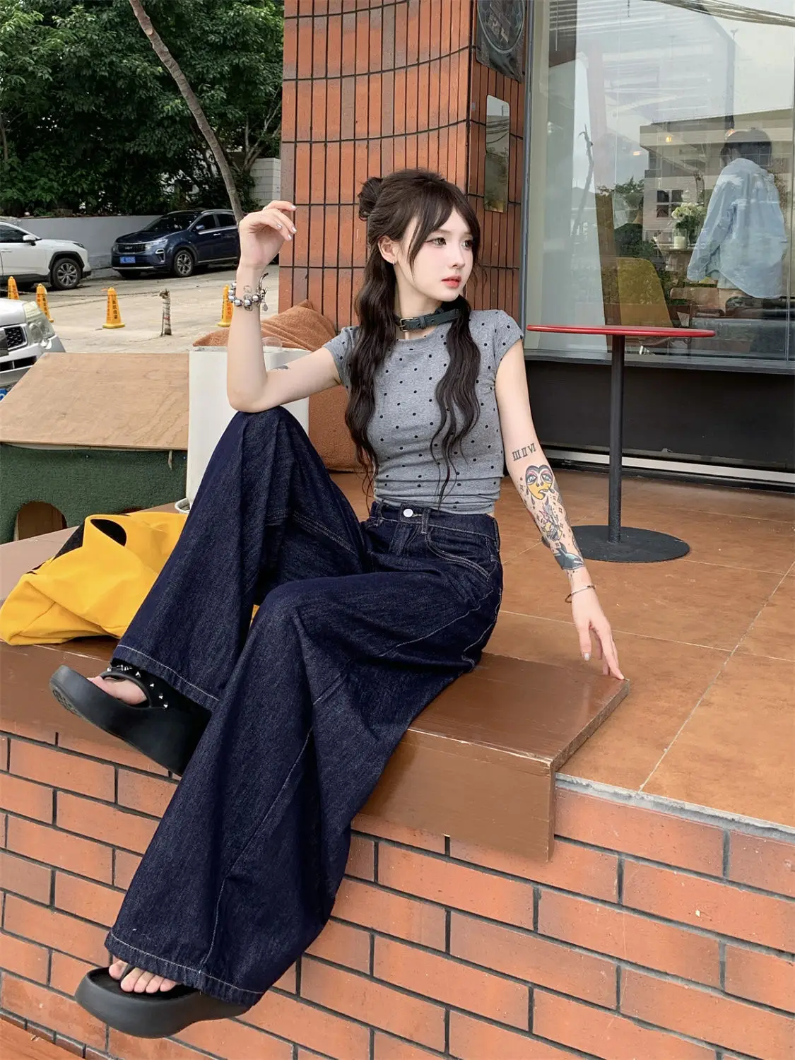 Dark Blue Wide Leg Jeans High Waist Skinny Fit — feature 7