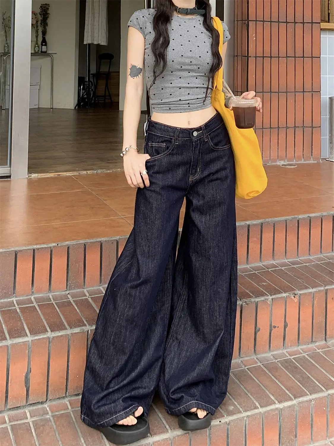 Dark Blue Wide Leg Jeans High Waist Skinny Fit — feature 8
