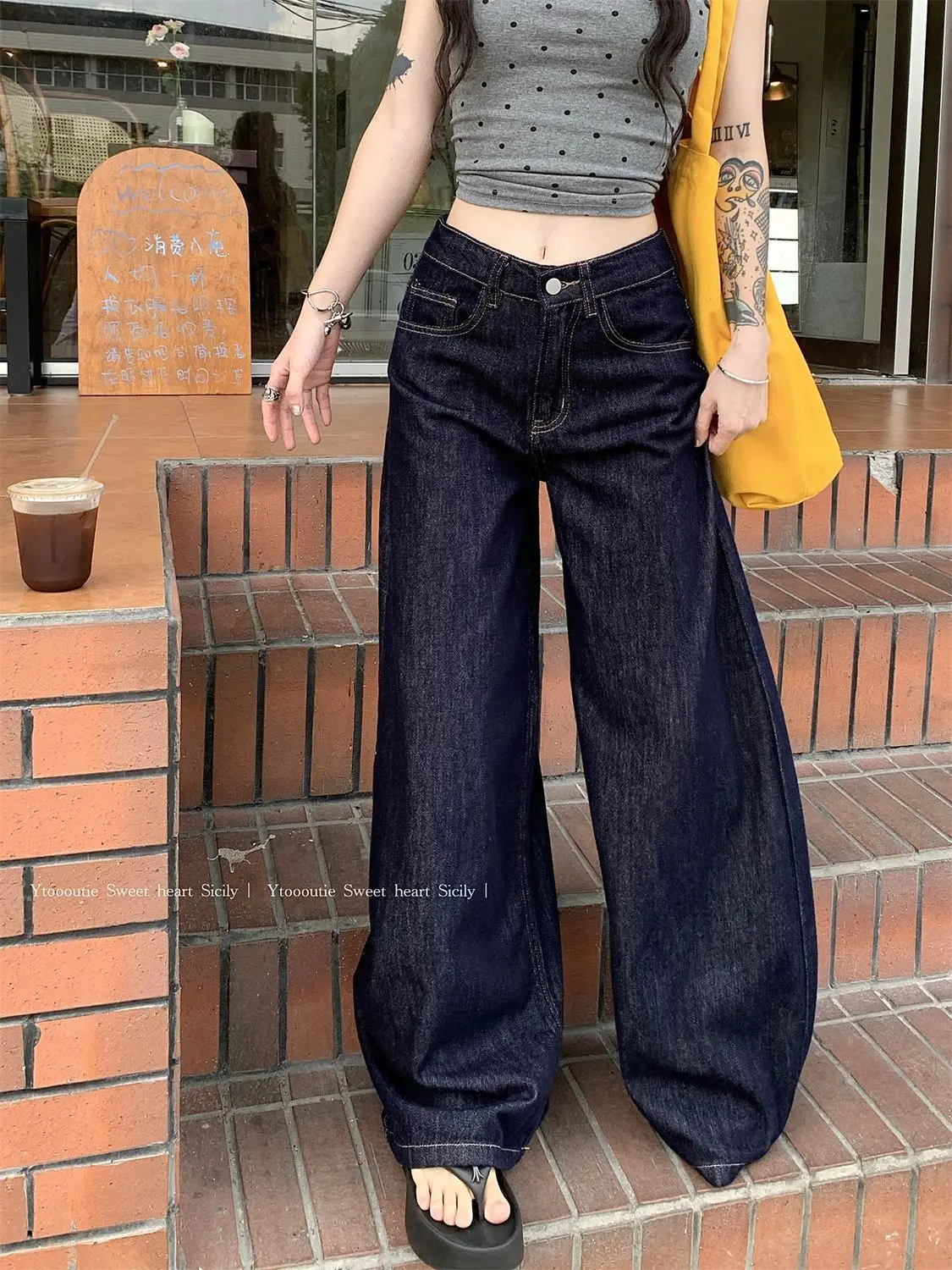 Dark Blue Wide Leg Jeans High Waist Skinny Fit — feature 9