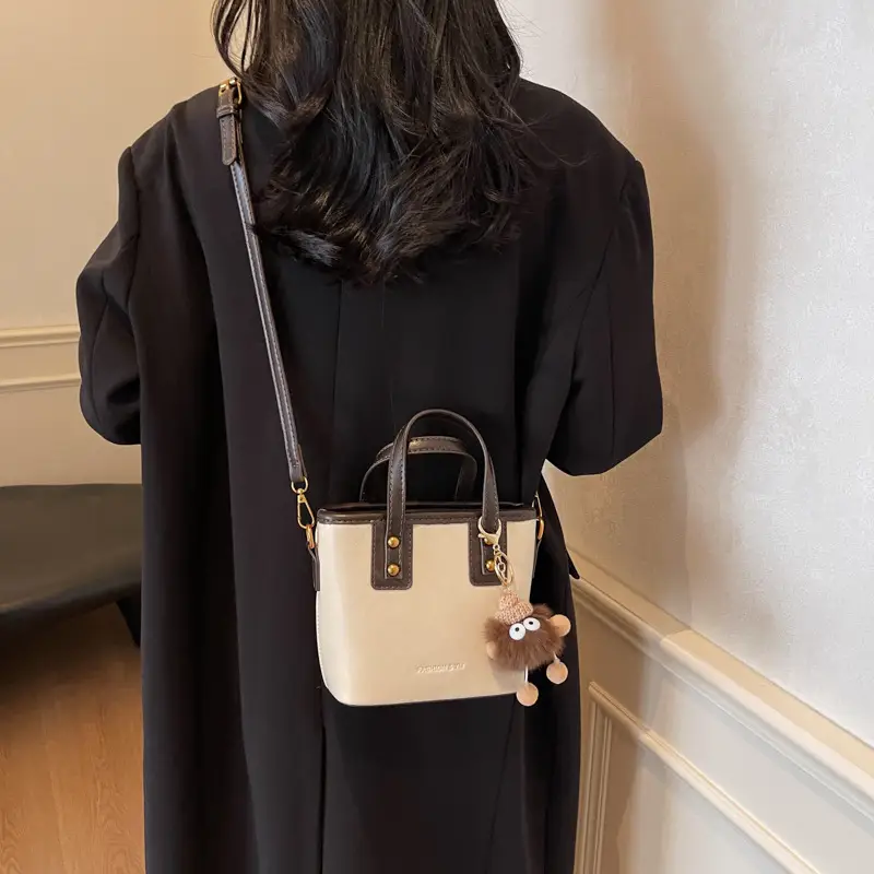 Women's Small Square Handbag with Pom Pom Detail