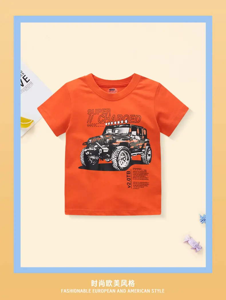2025 Kids Cartoon Car T-Shirt Orange Short Sleeve — feature 3