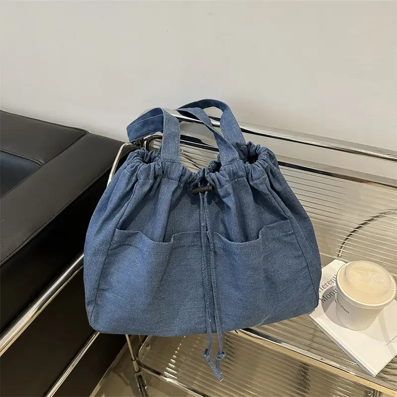 Blue Denim Drawstring Shoulder Bag for Women - Image 5
