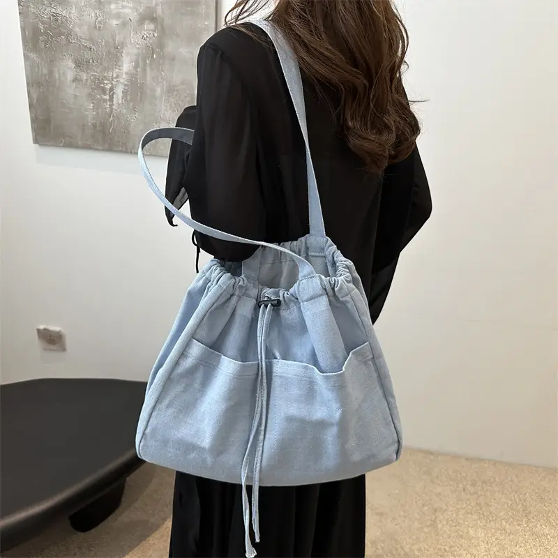 Blue Denim Drawstring Shoulder Bag for Women - Image 6