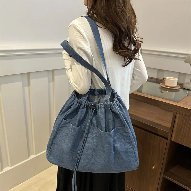 Blue Denim Drawstring Shoulder Bag for Women - Image 7