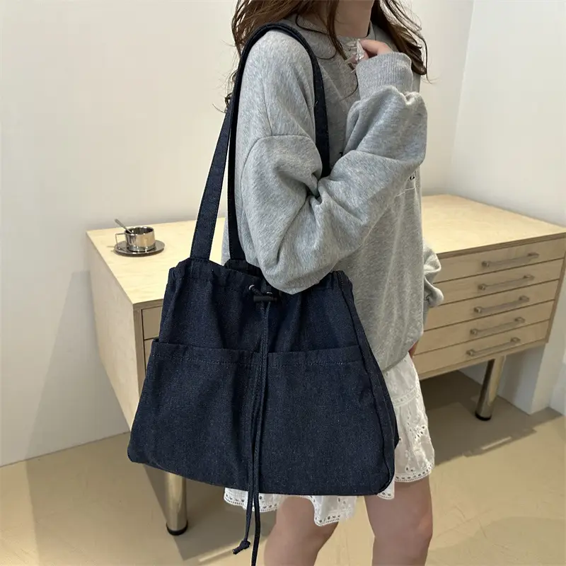 Blue Denim Drawstring Shoulder Bag for Women - Image 8