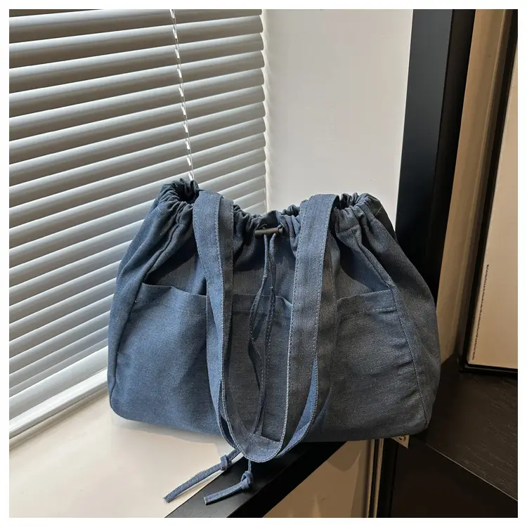 Blue Denim Drawstring Shoulder Bag for Women - Image 4