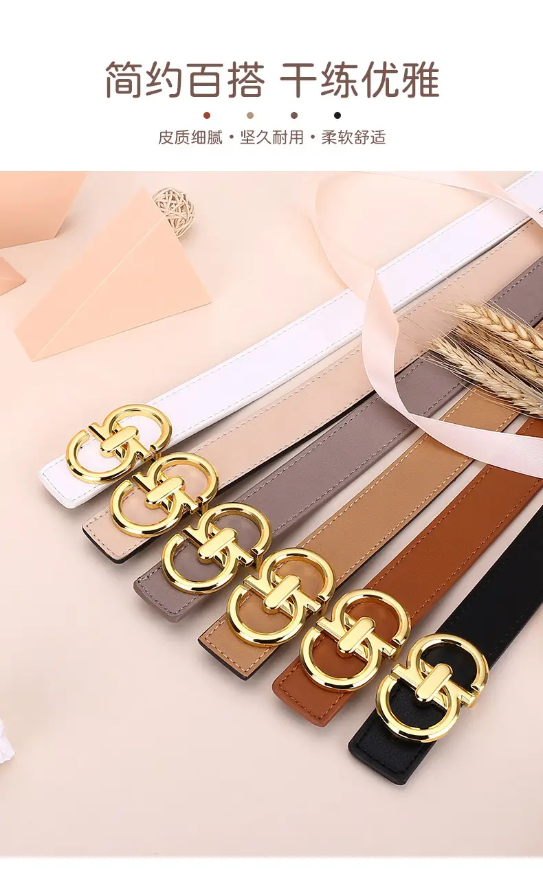 Women's White Leather Belt with Gold Buckle — feature 1