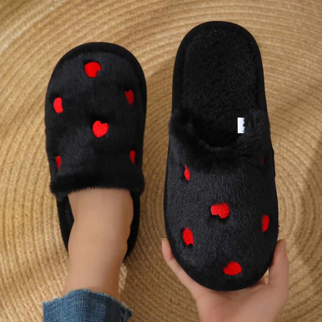 Cross-Border Heart-Shaped Cotton Slippers for Women, New Autumn and Winter Eva Shoes, Home Cotton Slippers with Added Fleece for Warmth, Soft-Soled Furry Slippers