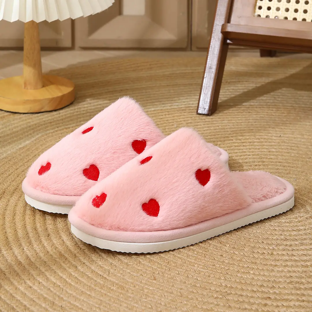 Cross-Border Heart-Shaped Cotton Slippers for Women, New Autumn and Winter Eva Shoes, Home Cotton Slippers with Added Fleece for Warmth, Soft-Soled Furry Slippers