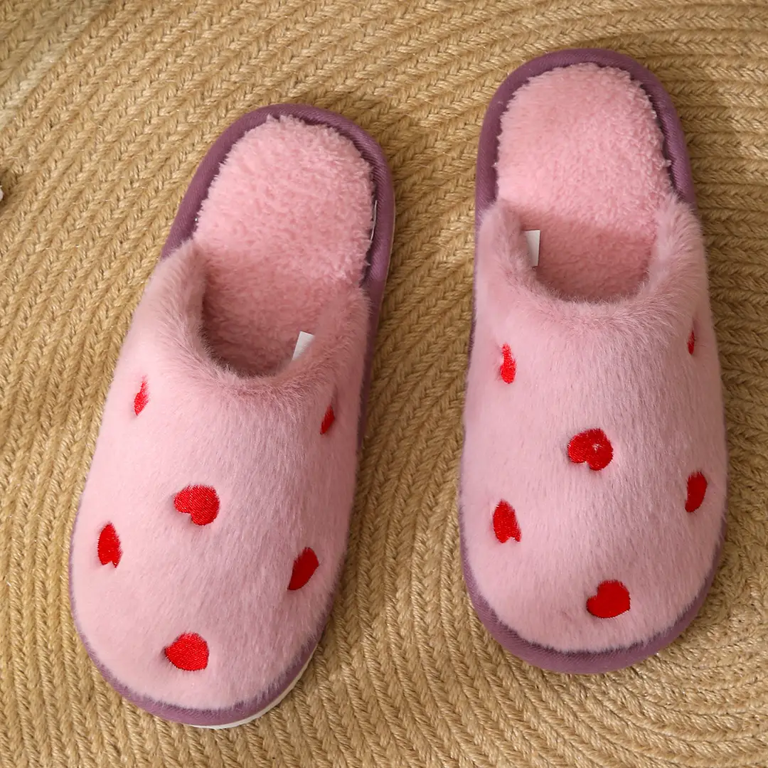 Cross-Border Heart-Shaped Cotton Slippers for Women, New Autumn and Winter Eva Shoes, Home Cotton Slippers with Added Fleece for Warmth, Soft-Soled Furry Slippers